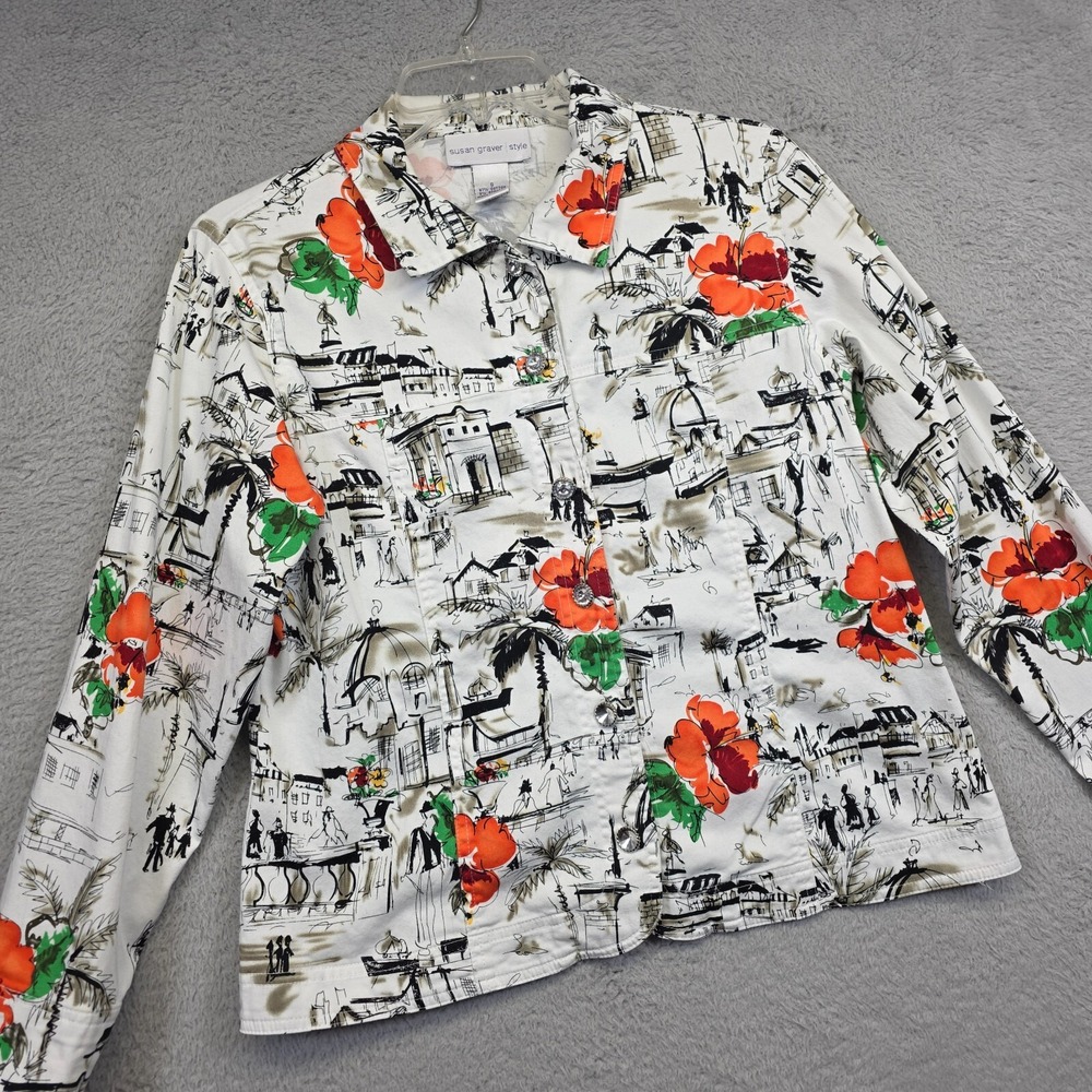 Susan Graver Style Jacket‎ Womens S White Floral Sketch Print